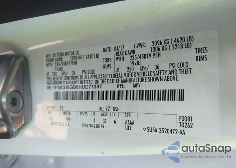 2017 Ford Escape Se z USA, uszkodzony, nr VIN 1FMCU0GD0HUD77387